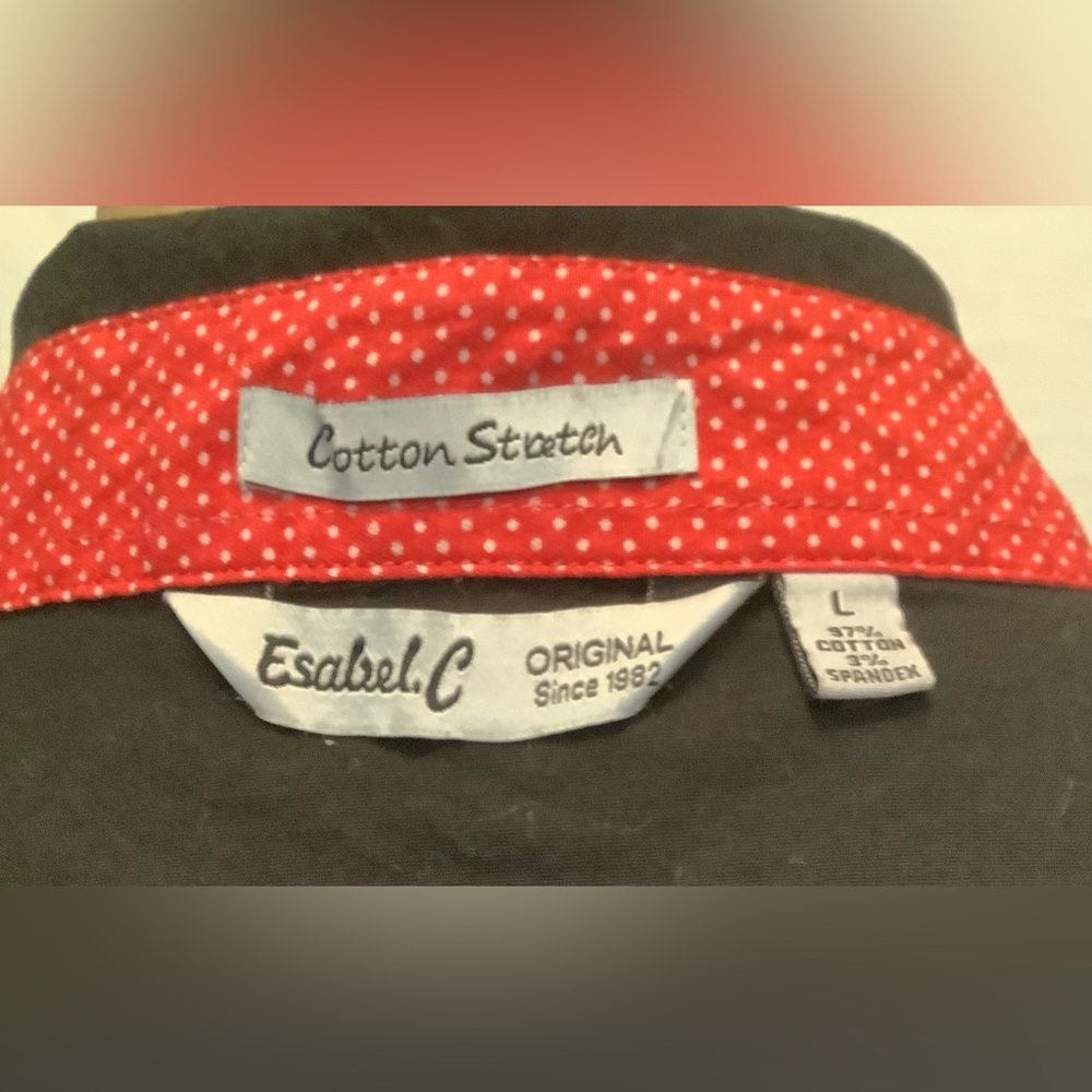 Women's Large Black Button-Up Shirt with Red Polka Dot Collar Accent - Picture 3 of 12